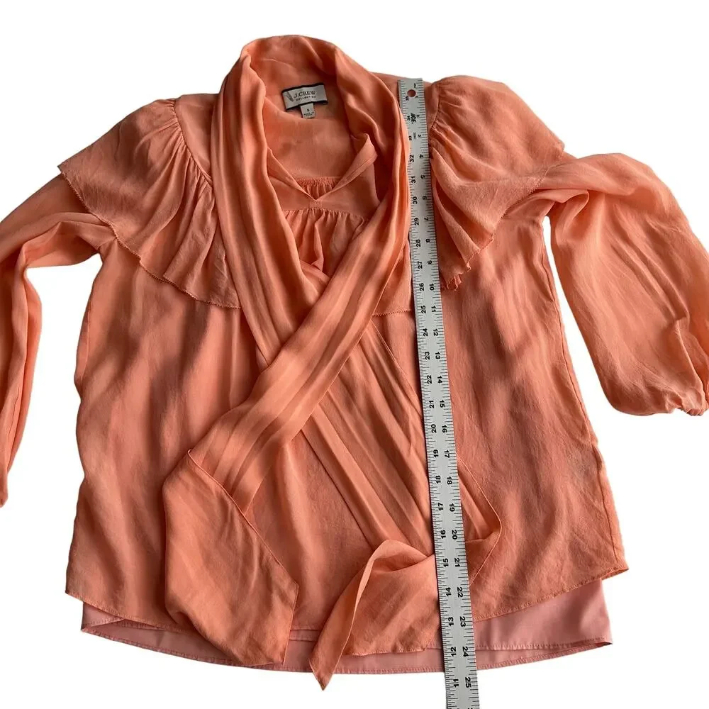 J Crew Silk Chiffon Ruffle Puff Sleeve Tie Neck Girlcore Lined‎ Peach Blouse S